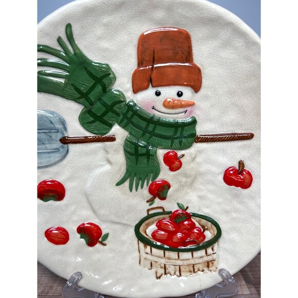 VINTAGE HALLMARK MITFORD MAX SNOWMAN Apples Christmas HOLIDAY CERAMIC PLATE - Picture 2 of 5